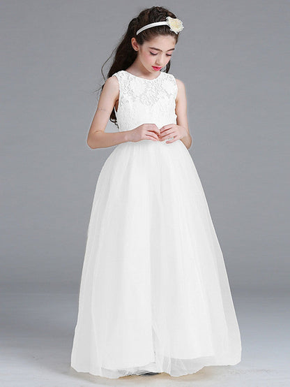 Sleeveless A-Line Flower Girl Dress with Lace Illussion Neck Tulle