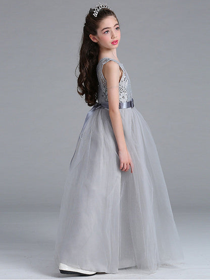 Sleeveless A-Line Flower Girl Dress with Lace Illussion Neck Tulle