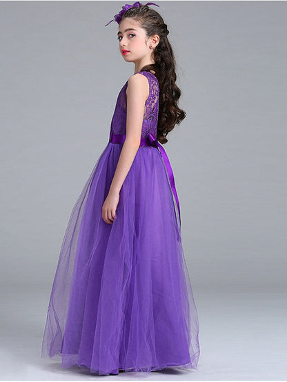 Sleeveless A-Line Flower Girl Dress with Lace Illussion Neck Tulle