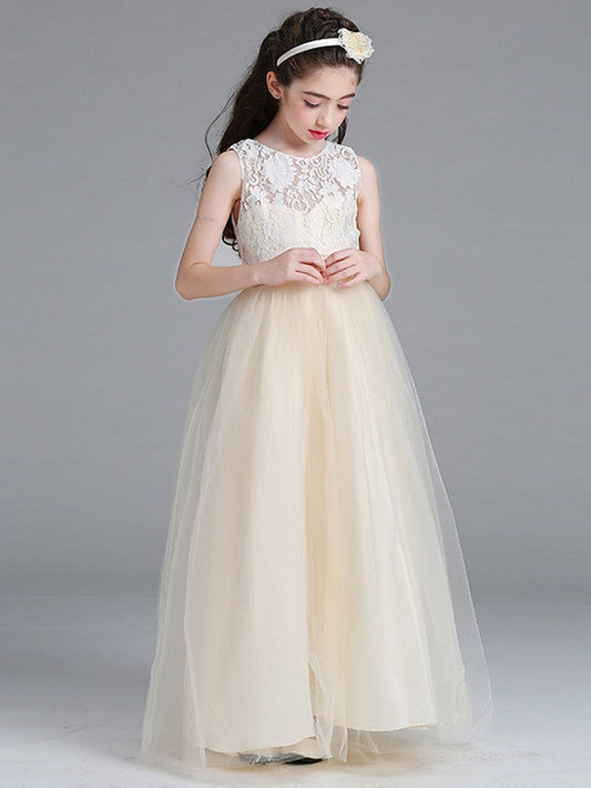 Sleeveless A-Line Flower Girl Dress with Lace Illussion Neck Tulle