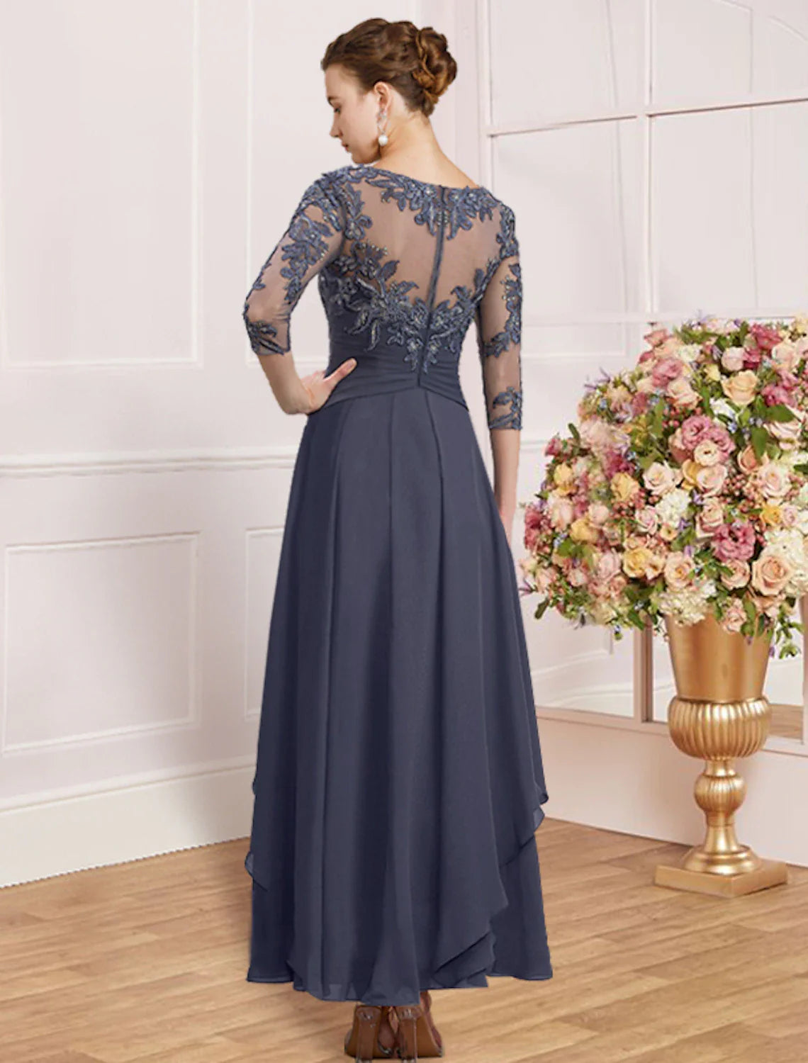 Sheath / Column Mother of the Bride Dress Wedding Guest Simple Elegant Jewel Neck Ankle Length Chiffon Lace 3/4 Length Sleeve with Pleats Sequin