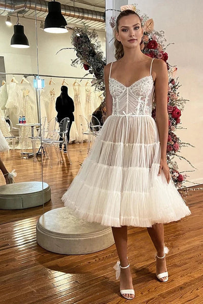 Spaghetti Straps Beads A-line Bohemian Wedding Dress Short Sexy