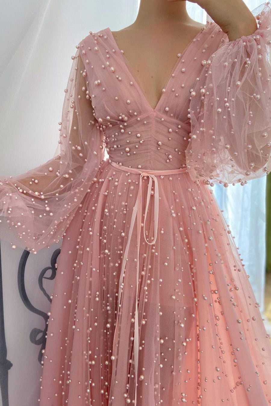 Sparkle in Style with Pink Plunging Neck Evening Dress With Pearl Beaded Tulle