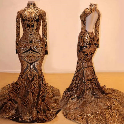 Sparkly Gold High Neck Long Sleeve Mermaid Prom Dress