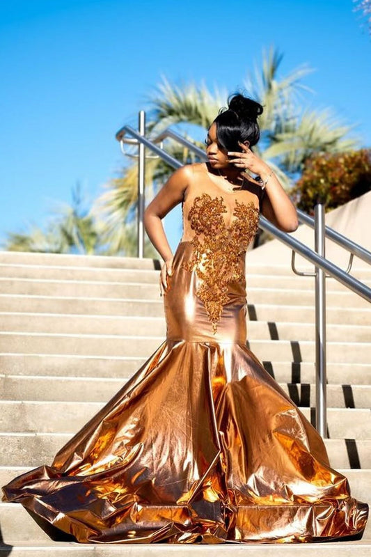 Sparkly Gold Mermaid Sleeveless Appliques Jewel Prom Dress