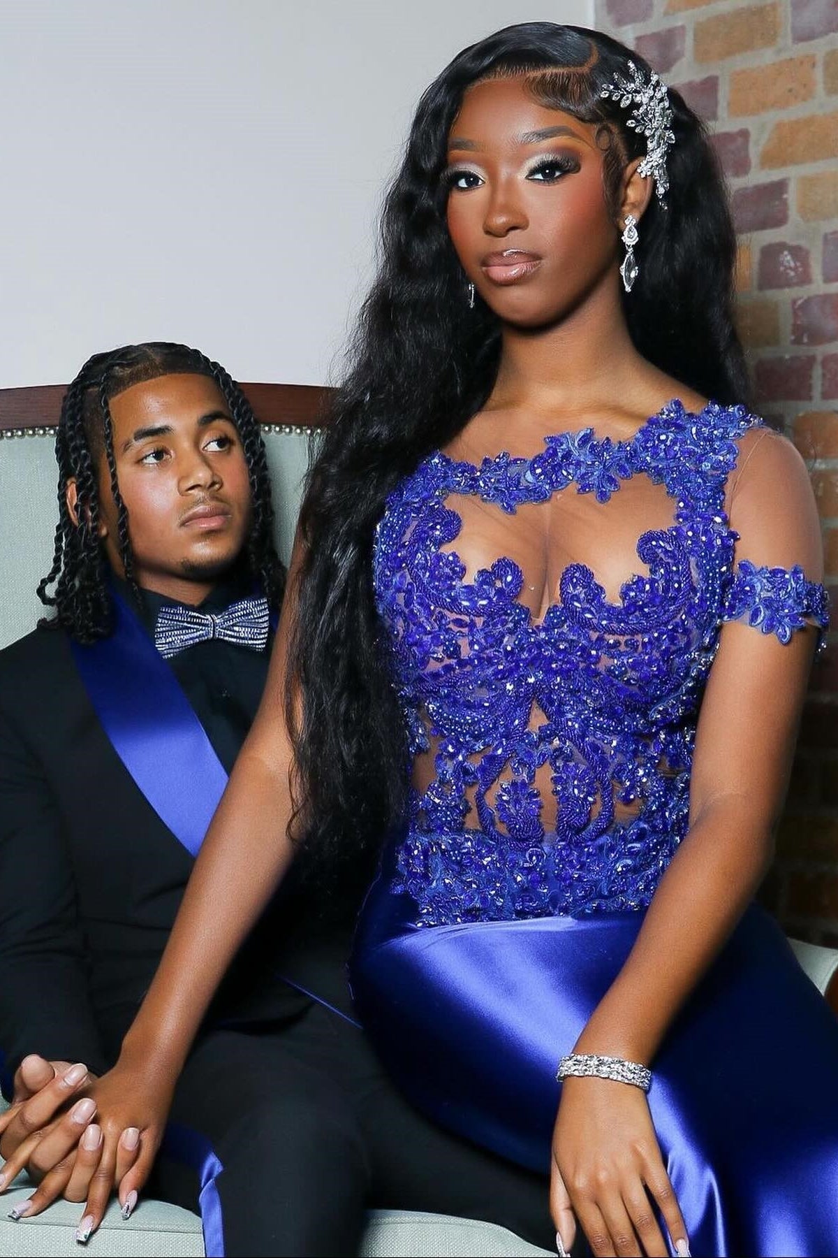 Sparkly Royal Blue Short Sleeve Mermaid Appliques Prom Dress