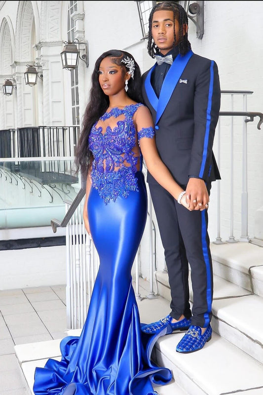 Sparkly Royal Blue Short Sleeve Mermaid Appliques Prom Dress
