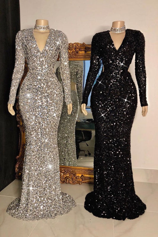 Sparkly Sequins Long Sleeve V-Neck Fashion Prom Dress
