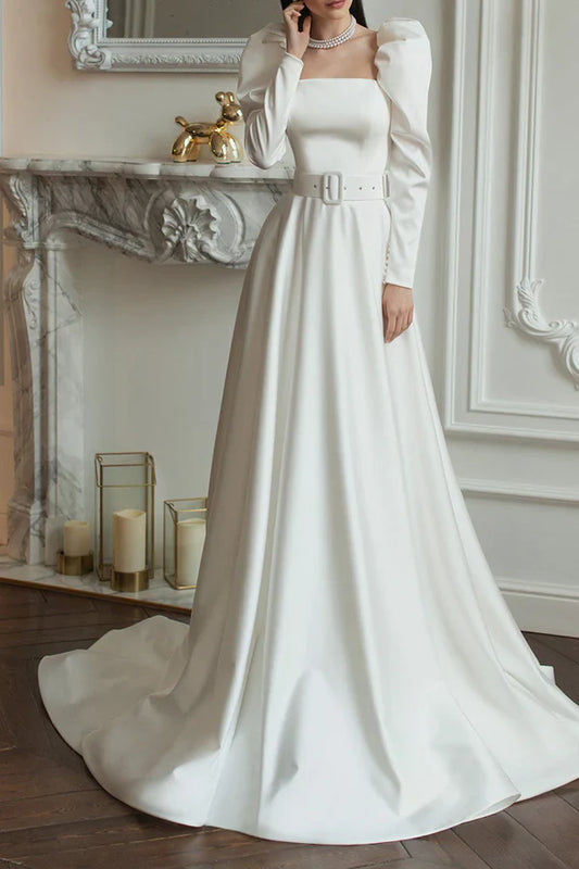 Palace Train A Square Long sleeved Satin Retro Wedding Dress