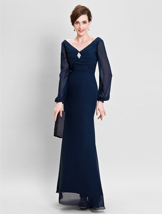Aimishang Sheath / Column Mother of the Bride Dress Open Back V Neck Floor Length Chiffon Long Sleeve No with Ruched Draping Crystal Brooch