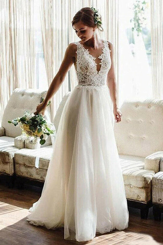Stunning A-line Backless Wedding Dress With Lace Applique Straps V-necks