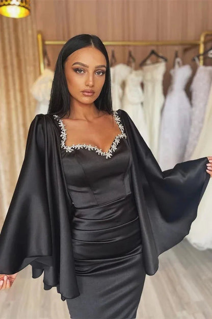 Stunning Black Ruffle Sleeves Mermaid Evening Dress Long With Beads