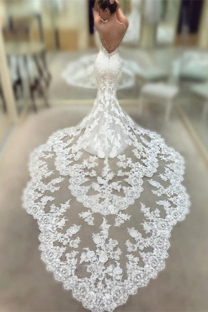 Stunning Lace Mermaid Wedding Dress with Spaghetti-Straps and Open Back