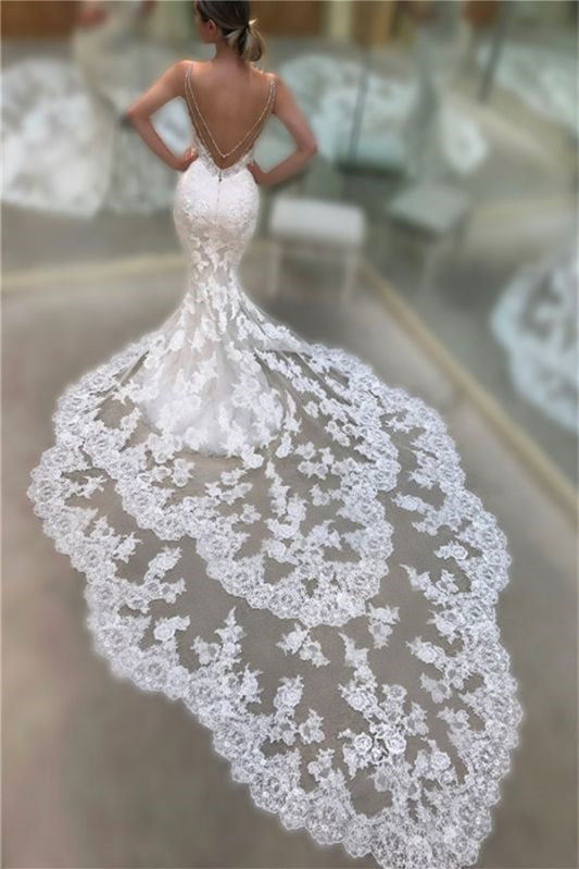 Stunning Lace Mermaid Wedding Dress with Spaghetti-Straps and Open Back