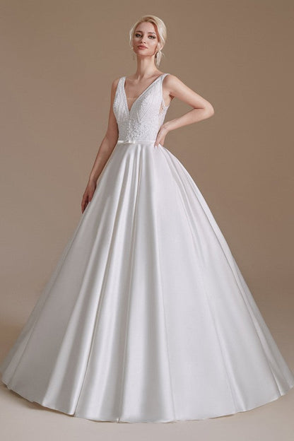 Stunning Long V-Neck Wedding Dress with Lace Appliques
