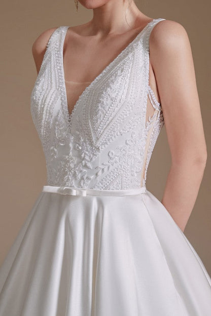 Stunning Long V-Neck Wedding Dress with Lace Appliques