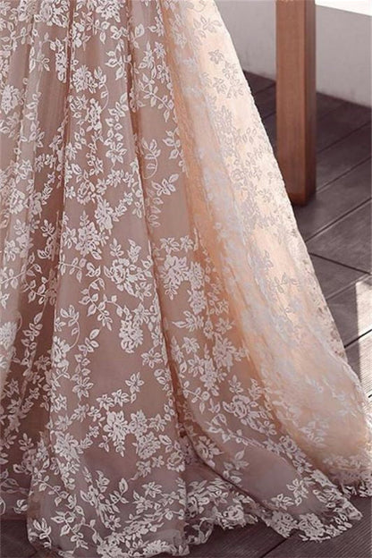 Stunning Tulle Wedding Dress With Lace Appliques V-Neck and Long Sleeves