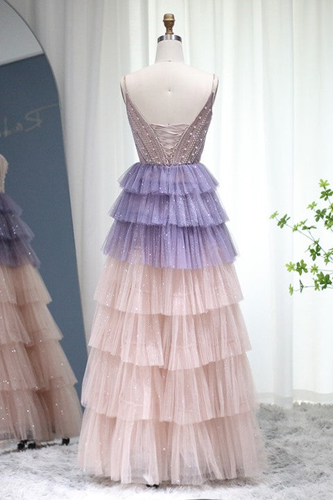 Stunning V Neck Evening Dress with Sequin Beading and Layered Hem