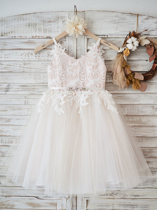 Stunning V-Neck Tulle Flower Girl Dress with Appliques