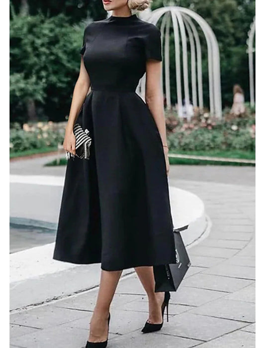 A-Line Wedding Guest Dresses Minimalist Dress Party Dress Wedding Party Tea Length Short Sleeve High Neck  Satin with Pleats Pure Color