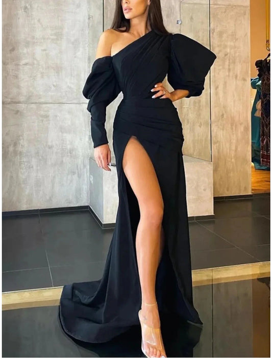 A-Line Evening Gown Elegant Dress Formal Sweep / Brush Train Black Dress Long Sleeve One Shoulder Satin with Pleats Ruched Slit 2025