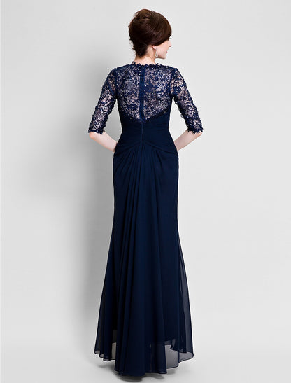 Aimishang A-Line Mother of the Bride Dress See Through V Neck Floor Length Chiffon Lace Half Sleeve No with Lace Beading