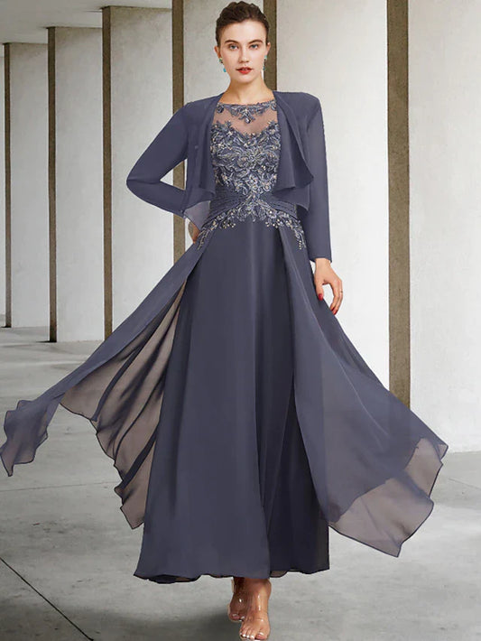 Two Piece A-Line Plus Size Curve Mother of the Bride Dress Elegant Jewel Neck Ankle Length Chiffon Lace Short Sleeve Wrap Included with Ruched Appliques