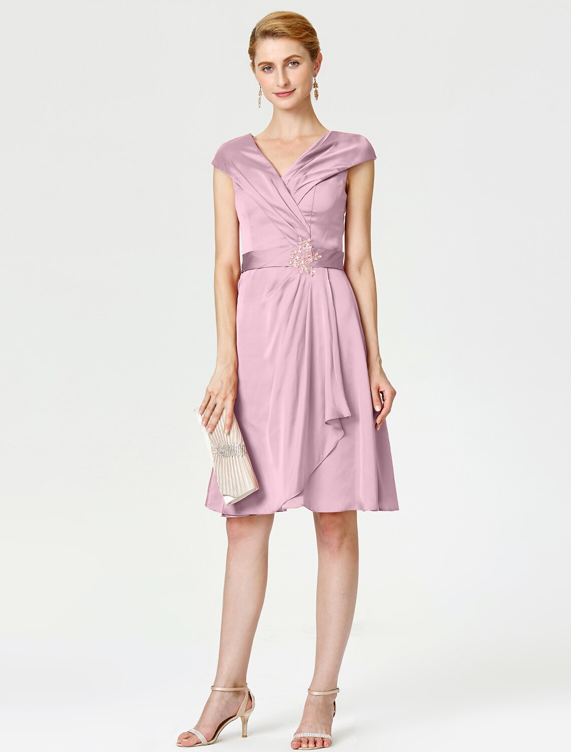 Aimishang A-Line Mother of the Bride Dress Elegant V Neck Knee Length Satin Chiffon Short Sleeve No with Sash / Ribbon Pleats Beading