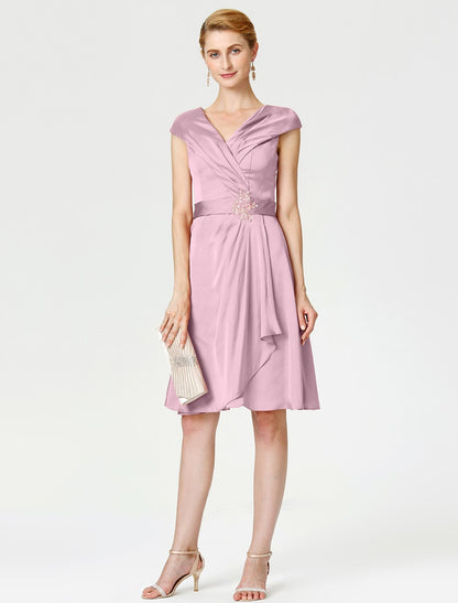 Aimishang A-Line Mother of the Bride Dress Elegant V Neck Knee Length Satin Chiffon Short Sleeve No with Sash / Ribbon Pleats Beading