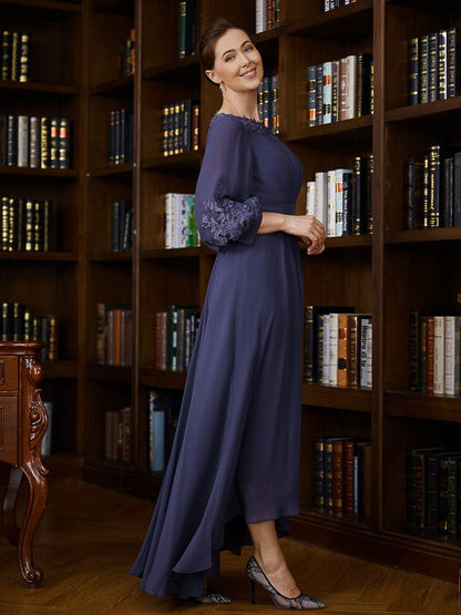 Aimishang A-Line/Princess Chiffon Ruched Bateau 3/4 Sleeves Asymmetrical Mother of the Bride Dresses