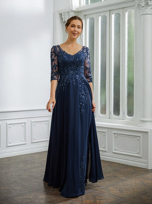 Aimishang A-Line/Princess Chiffon Applique V-neck 3/4 Sleeves Floor-Length Mother of the Bride Dresses