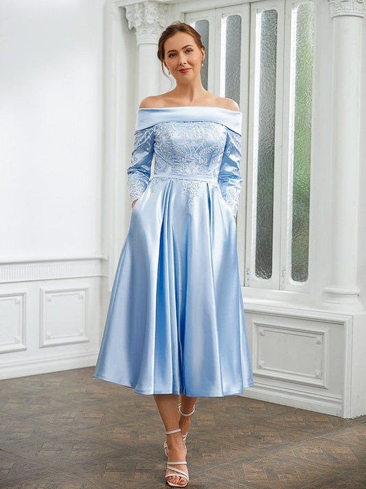 Aimishang A-Line/Princess Woven Satin Ruched Off-the-Shoulder Long Sleeves Tea-Length Mother of the Bride Dresses
