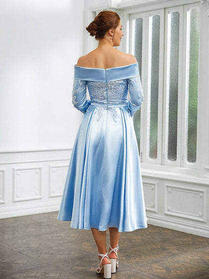 Aimishang A-Line/Princess Woven Satin Ruched Off-the-Shoulder Long Sleeves Tea-Length Mother of the Bride Dresses
