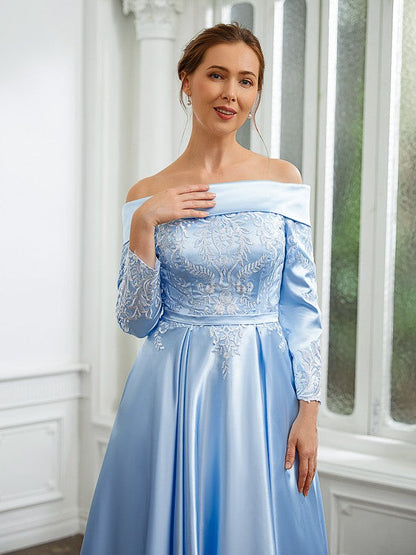 Aimishang A-Line/Princess Woven Satin Ruched Off-the-Shoulder Long Sleeves Tea-Length Mother of the Bride Dresses