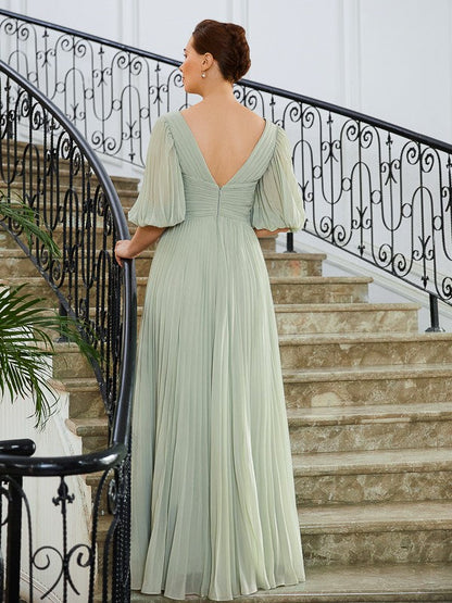Aimishang A-Line/Princess Chiffon Ruched V-neck 1/2 Sleeves Floor-Length Mother of the Bride Dresses