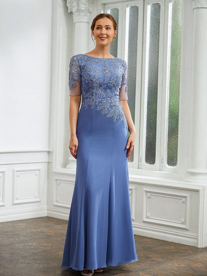 Aimishang Sheath/Column Chiffon Applique Bateau Short Sleeves Floor-Length Mother of the Bride Dresses