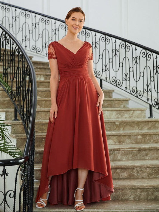 Aimishang A-Line/Princess Chiffon Ruched V-neck Short Sleeves Asymmetrical Mother of the Bride Dresses