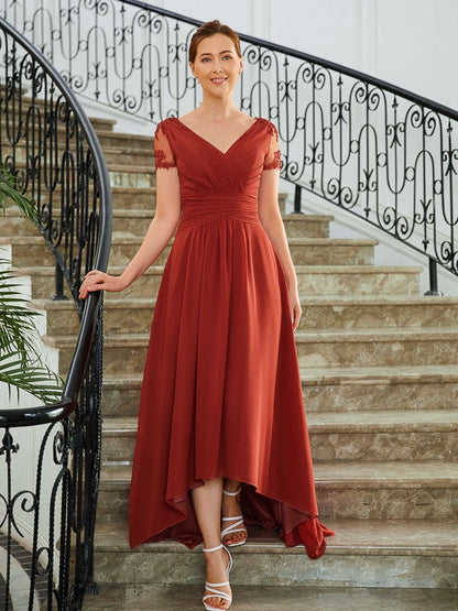 Aimishang A-Line/Princess Chiffon Ruched V-neck Short Sleeves Asymmetrical Mother of the Bride Dresses