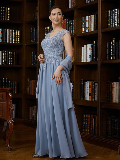 Wholesale A-Line/Princess Chiffon Applique V-neck Sleeveless Floor-Length Mother of the Bride Dresses