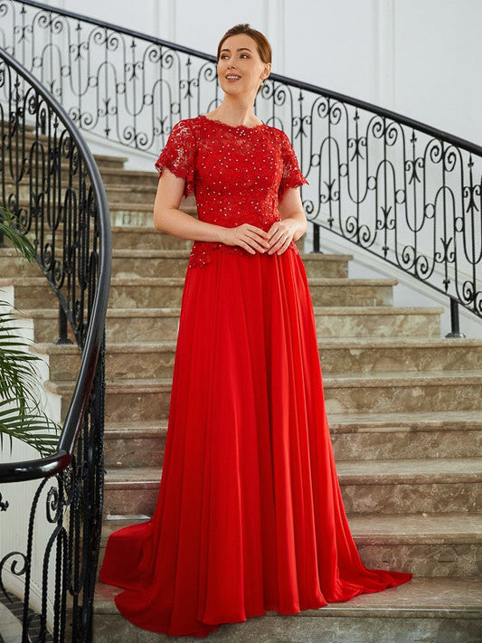 Aimishang A-Line/Princess Chiffon Applique Scoop Short Sleeves Sweep/Brush Train Mother of the Bride Dresses