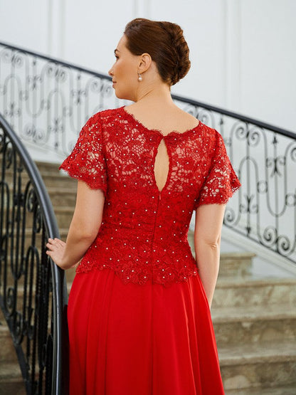 Aimishang A-Line/Princess Chiffon Applique Scoop Short Sleeves Sweep/Brush Train Mother of the Bride Dresses