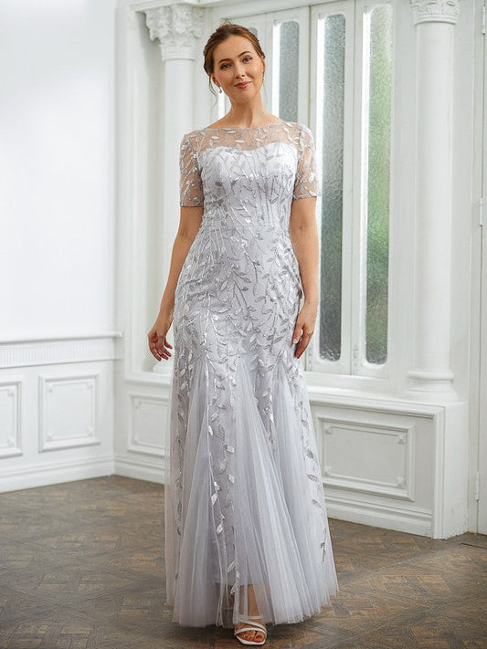 Aimishang A-Line/Princess Tulle Ruched Bateau Short Sleeves Ankle-Length Mother of the Bride Dresses