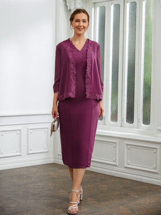 Aimishang Sheath/Column Chiffon Applique V-neck Sleeveless Tea-Length Mother of the Bride Dresses