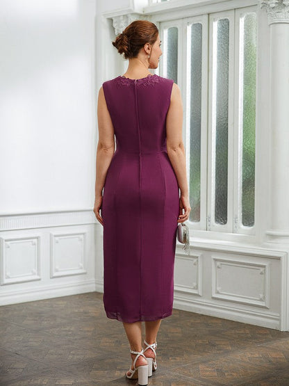 Aimishang Sheath/Column Chiffon Applique V-neck Sleeveless Tea-Length Mother of the Bride Dresses