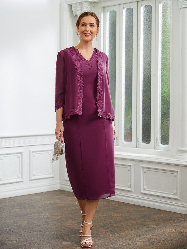 Aimishang Sheath/Column Chiffon Applique V-neck Sleeveless Tea-Length Mother of the Bride Dresses