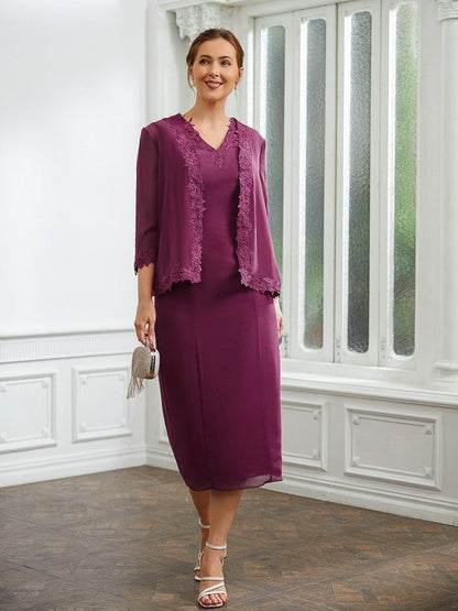 Aimishang Sheath/Column Chiffon Applique V-neck Sleeveless Tea-Length Mother of the Bride Dresses