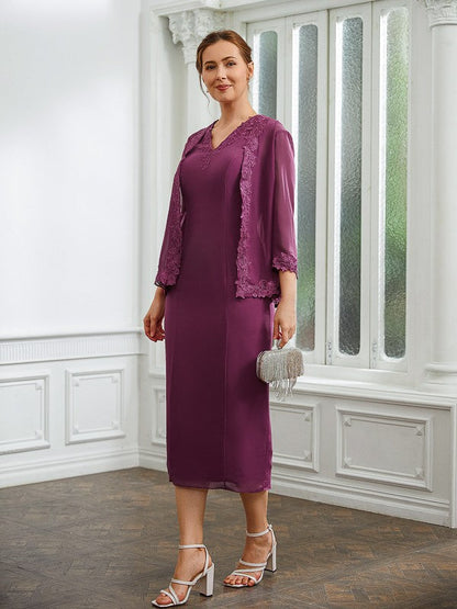 Aimishang Sheath/Column Chiffon Applique V-neck Sleeveless Tea-Length Mother of the Bride Dresses