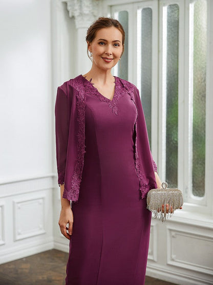 Aimishang Sheath/Column Chiffon Applique V-neck Sleeveless Tea-Length Mother of the Bride Dresses