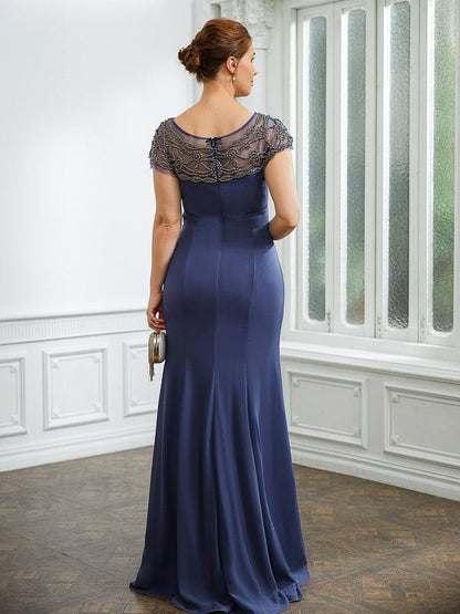 Aimishang Sheath/Column Chiffon Beading Bateau Short Sleeves Floor-Length Mother of the Bride Dresses