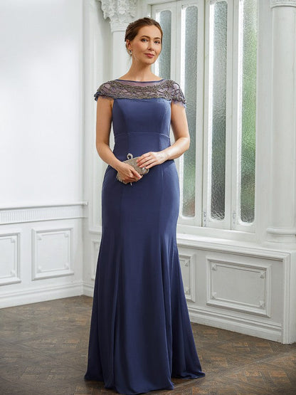 Aimishang Sheath/Column Chiffon Beading Bateau Short Sleeves Floor-Length Mother of the Bride Dresses